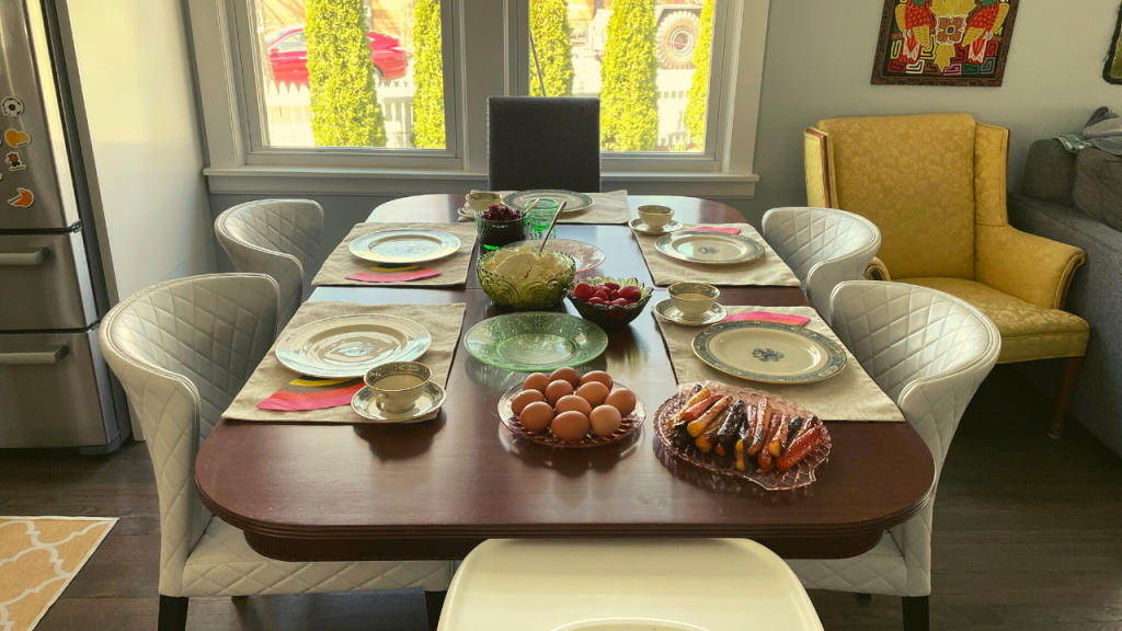 Dining room table set for Easter brunch